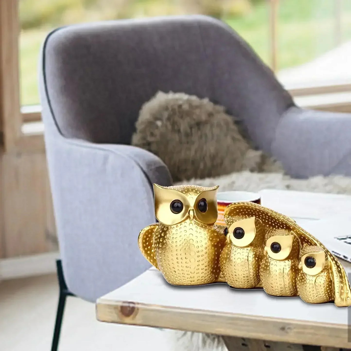 Golden Owl Family Figurine Decorative Tabletop Sculpture