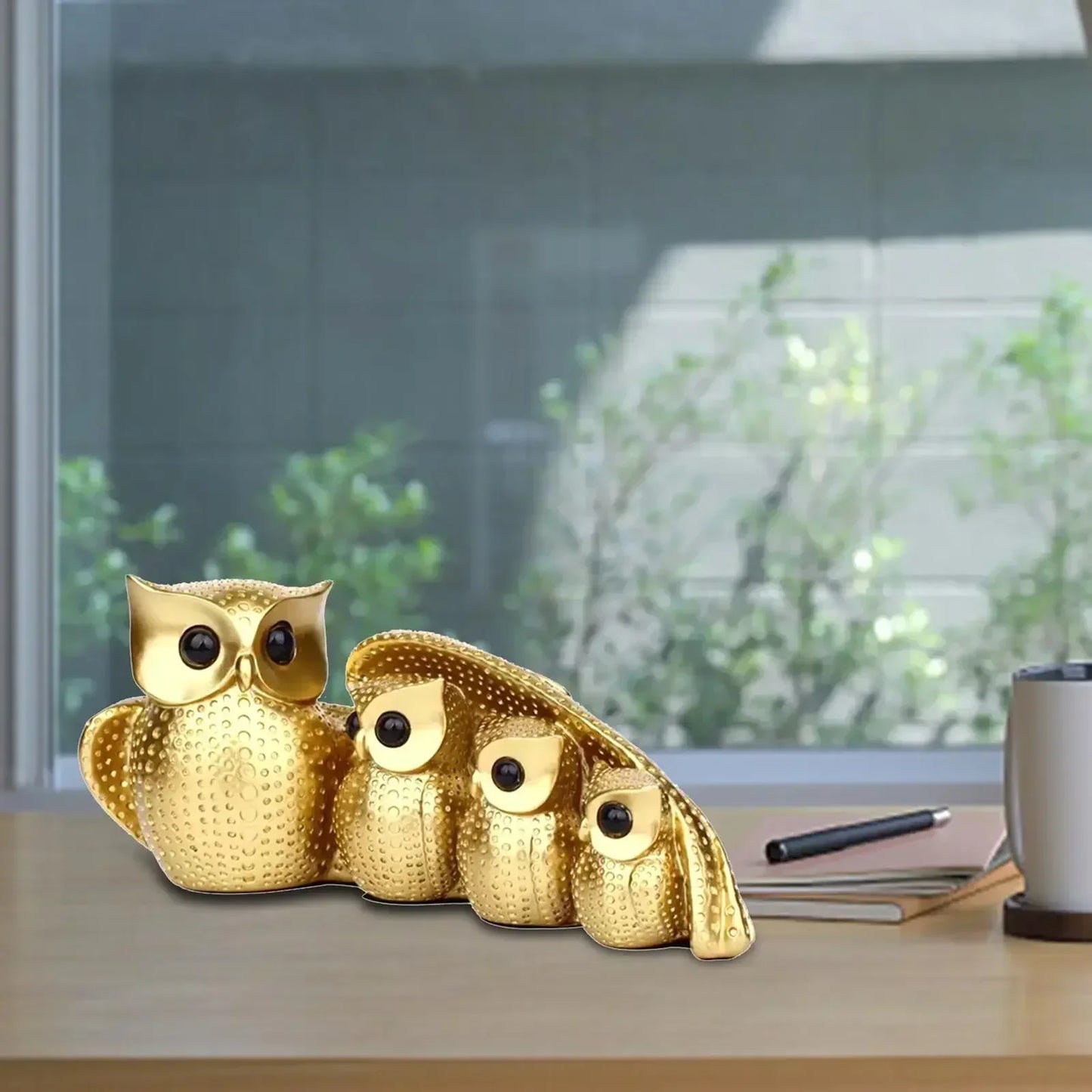 Golden Owl Family Figurine Decorative Tabletop Sculpture