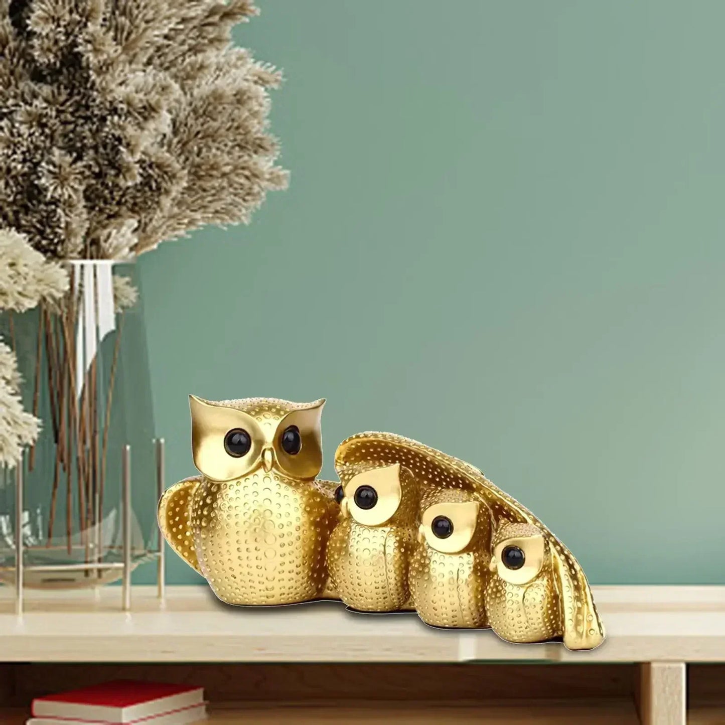 Golden Owl Family Figurine Decorative Tabletop Sculpture