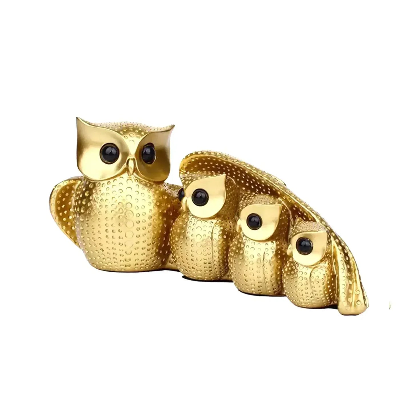 Golden Owl Family Figurine Decorative Tabletop Sculpture
