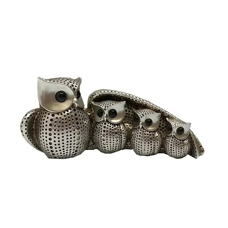 Golden Owl Family Figurine Decorative Tabletop Sculpture