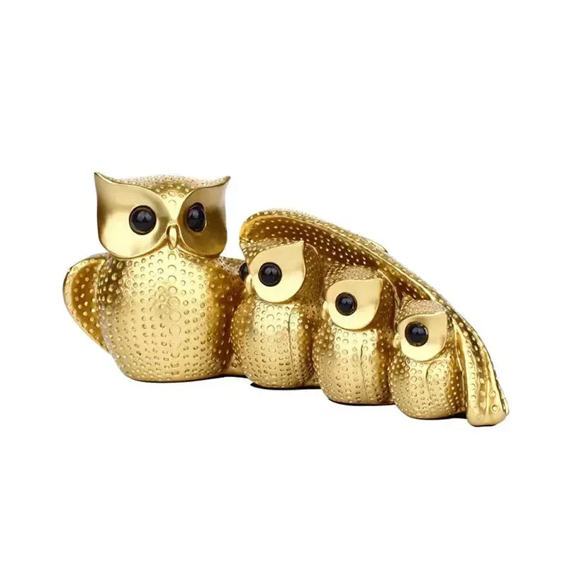 Golden Owl Family Figurine Decorative Tabletop Sculpture