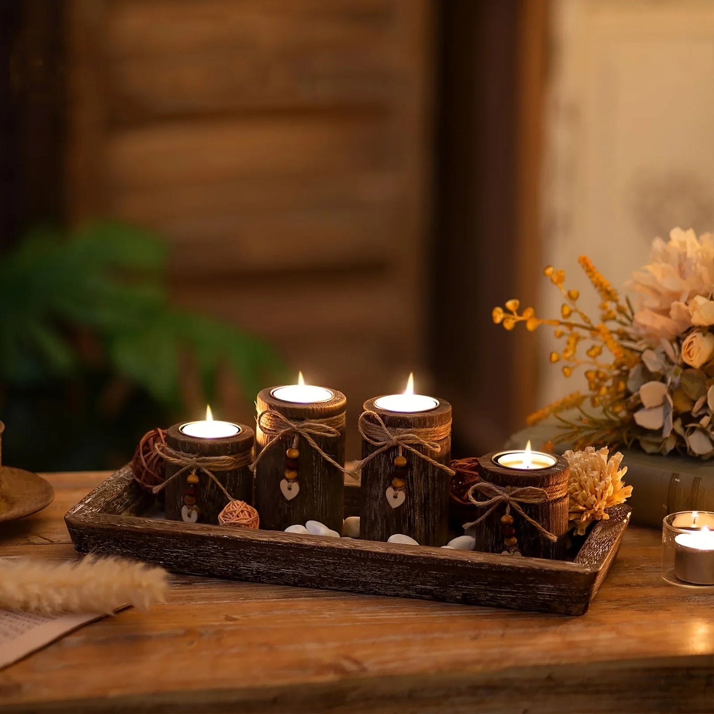 Paulownia Wood Centerpiece Tray with 4 Tealight Holders & Beaded Accent