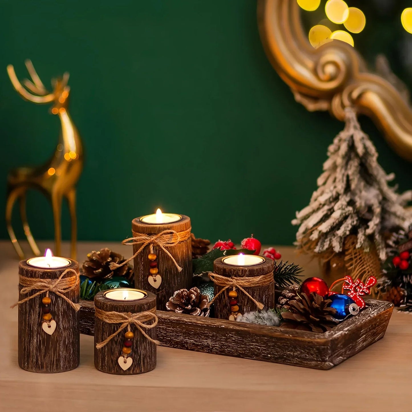 Paulownia Wood Centerpiece Tray with 4 Tealight Holders & Beaded Accent