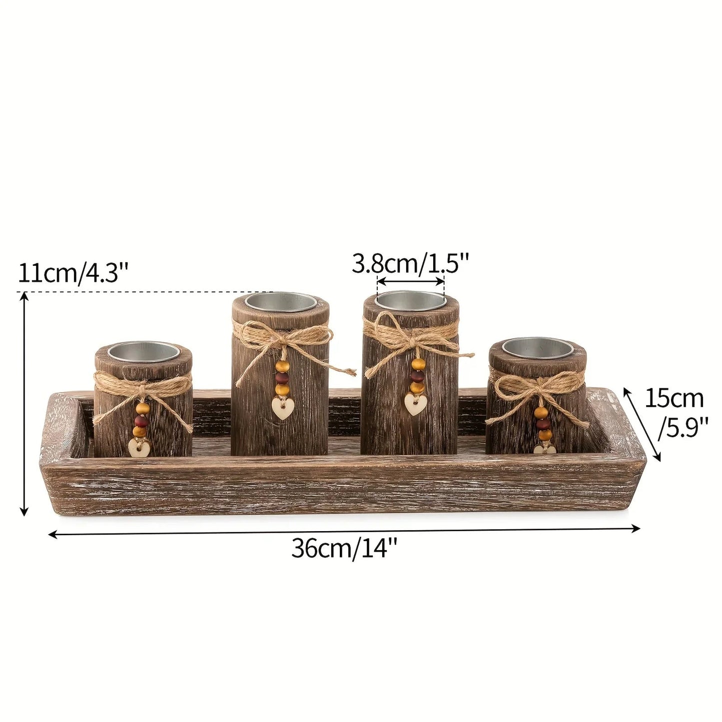 Paulownia Wood Centerpiece Tray with 4 Tealight Holders & Beaded Accent