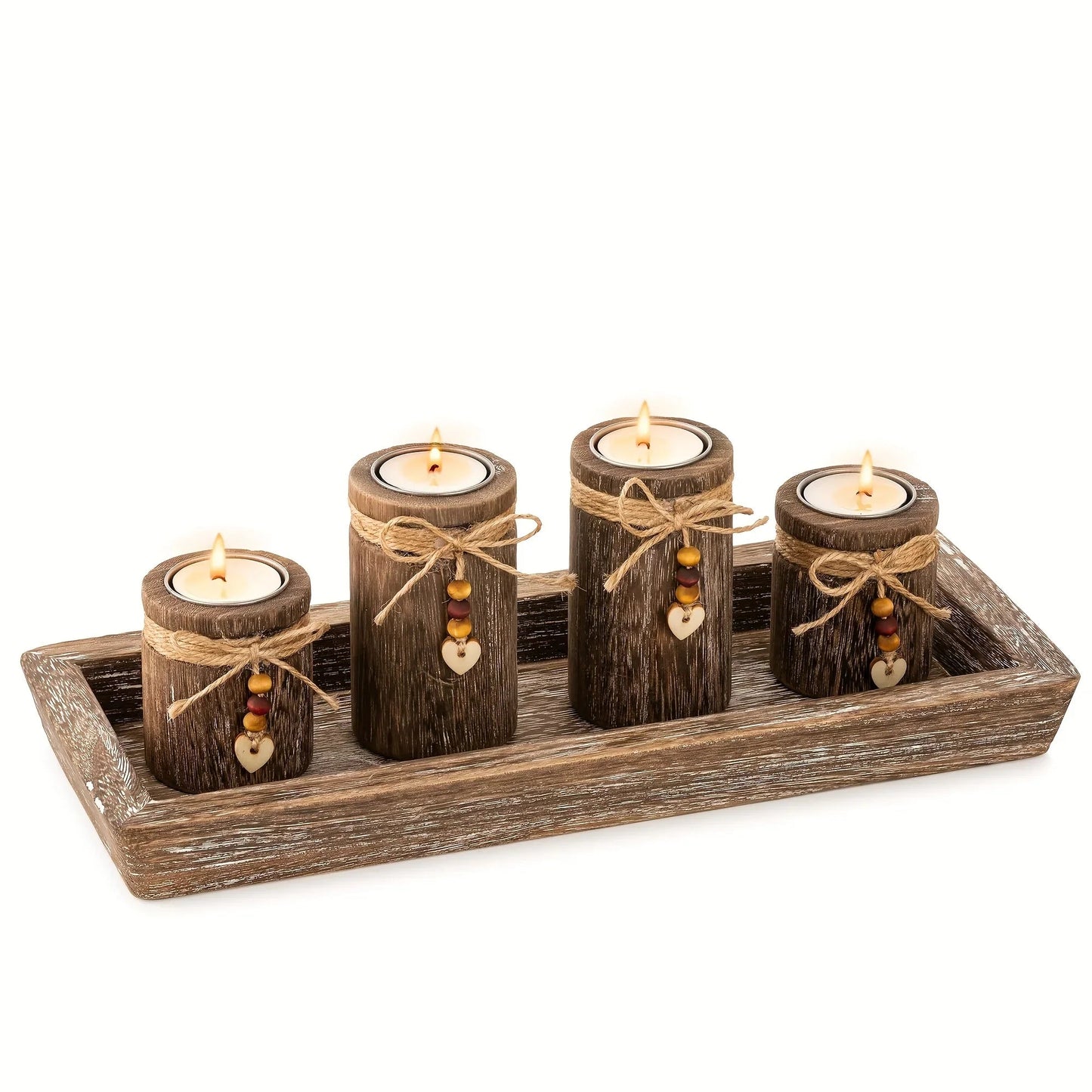 Paulownia Wood Centerpiece Tray with 4 Tealight Holders & Beaded Accent
