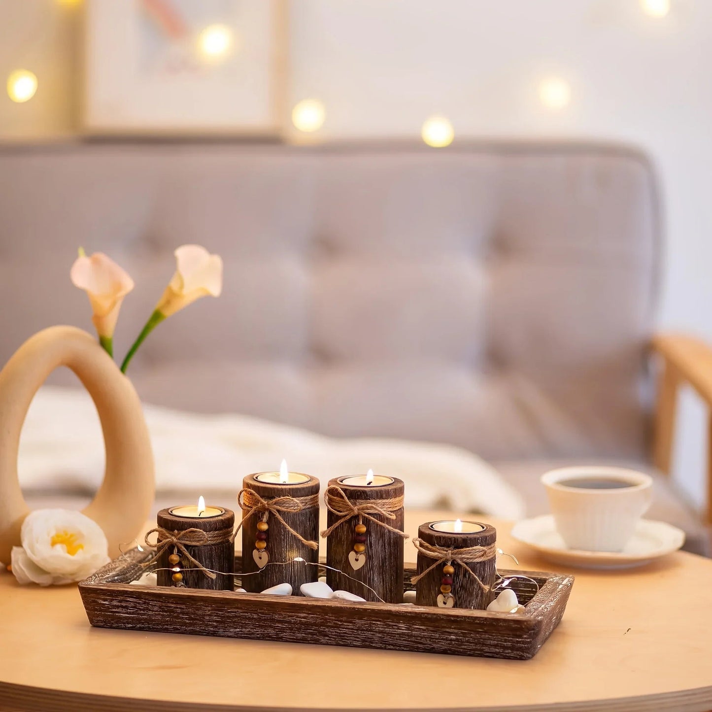 Paulownia Wood Centerpiece Tray with 4 Tealight Holders & Beaded Accent