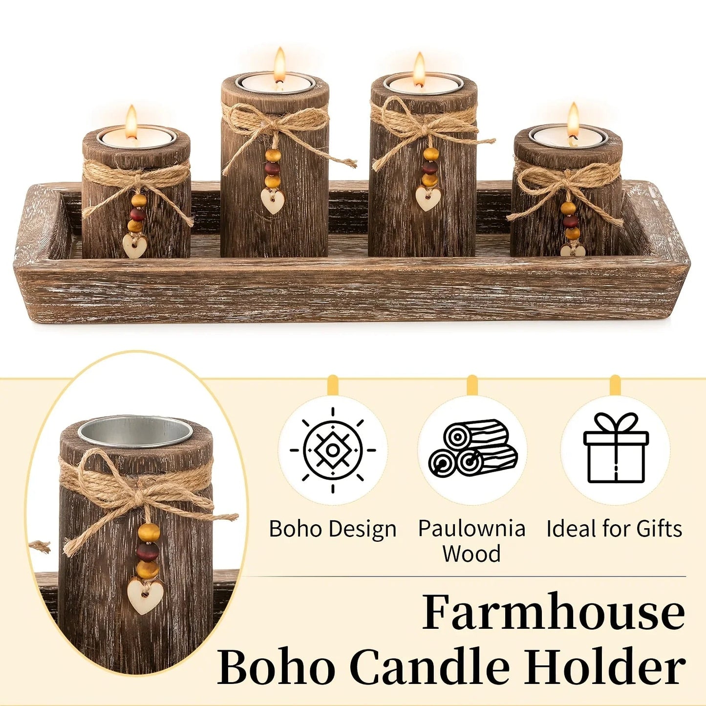 Paulownia Wood Centerpiece Tray with 4 Tealight Holders & Beaded Accent
