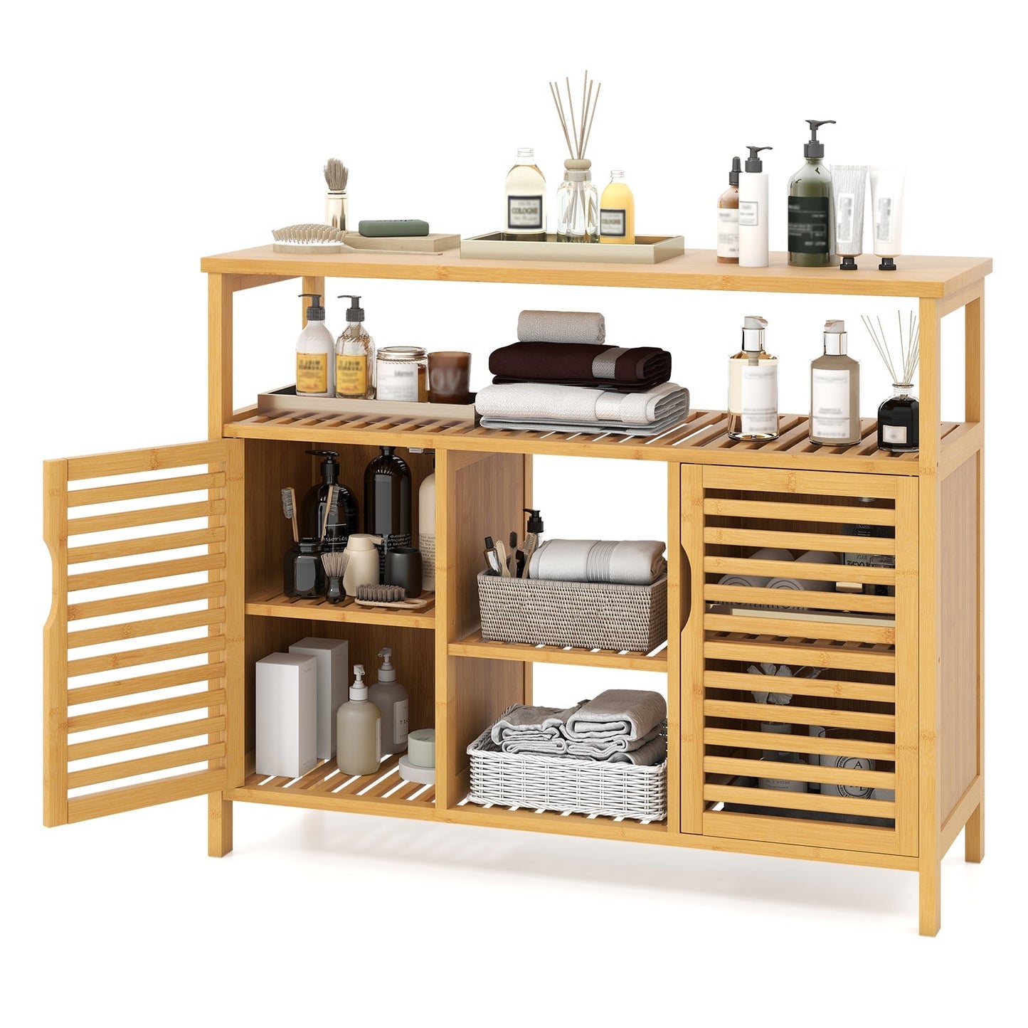 Bamboo Bathroom Cabinet with Shelves and Doors-Natural