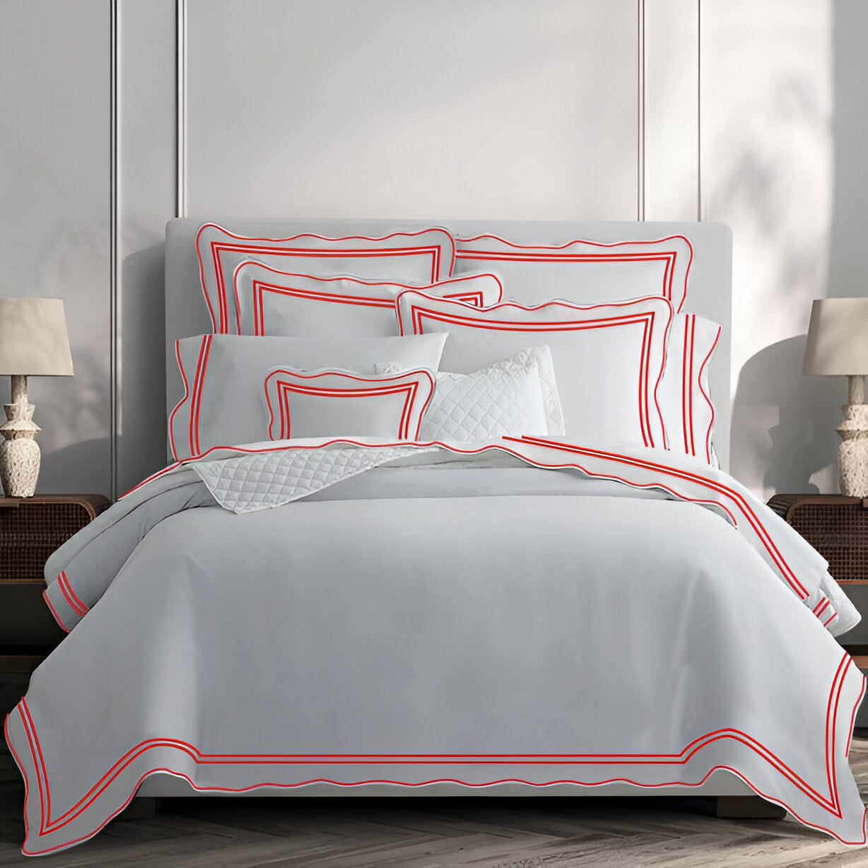 400TC Wavy Embroidery & Border Cotton Sateen Solid Duvet Cover Set