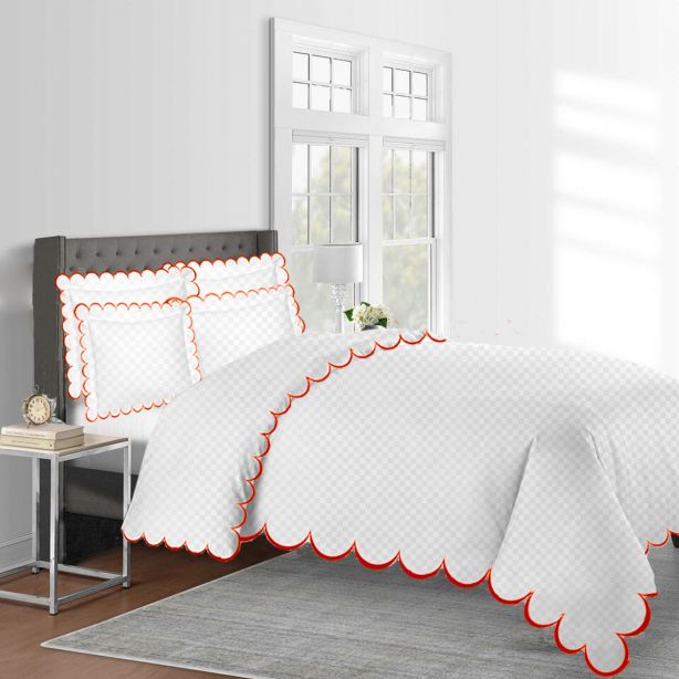 Allena 400TC Cotton Scallop Embroidery Sateen Microcheck Duvet Cover Set