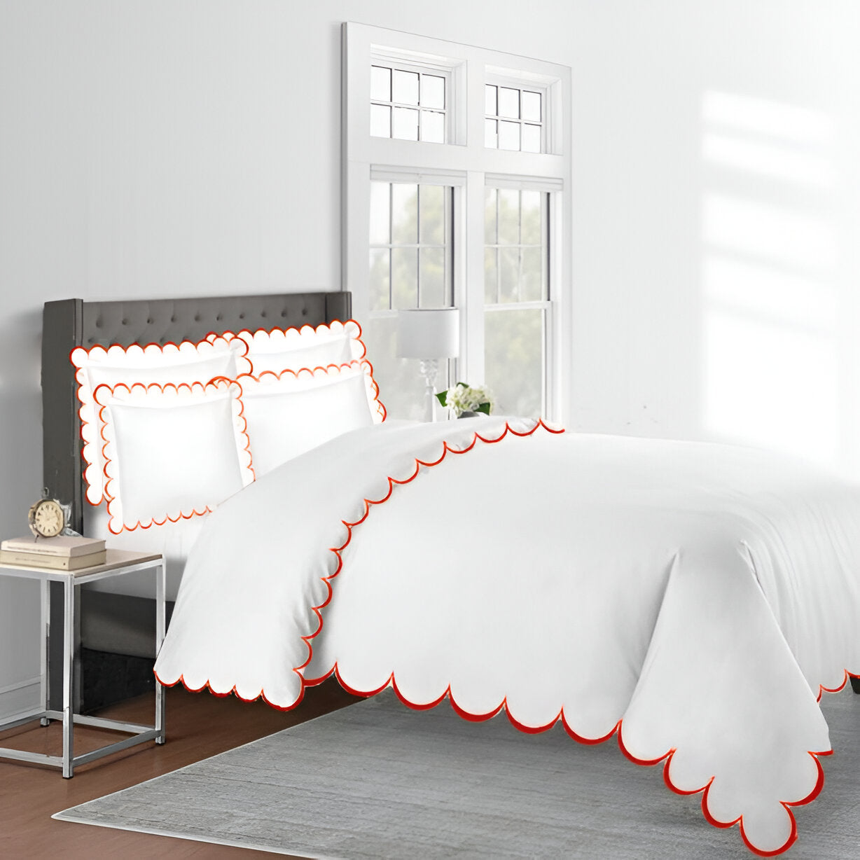 Allena 400TC Cotton Scallop Embroidery Sateen Solid Duvet Cover Set