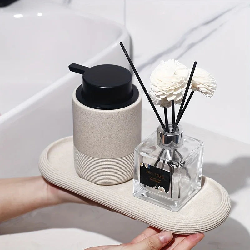 [Resin Art Tray] Elegant Resin Art Striped Bathroom Vanity Tray | Oval Design with Textured Surface, Bathroom Organizer, Neutral Tone Tray, Bathroom Decor And Accessories