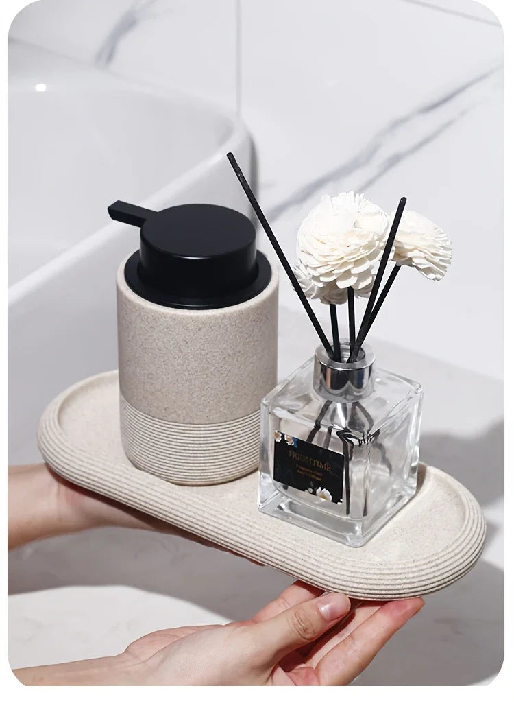 [Resin Art Tray] Elegant Resin Art Striped Bathroom Vanity Tray | Oval Design with Textured Surface, Bathroom Organizer, Neutral Tone Tray, Bathroom Decor And Accessories