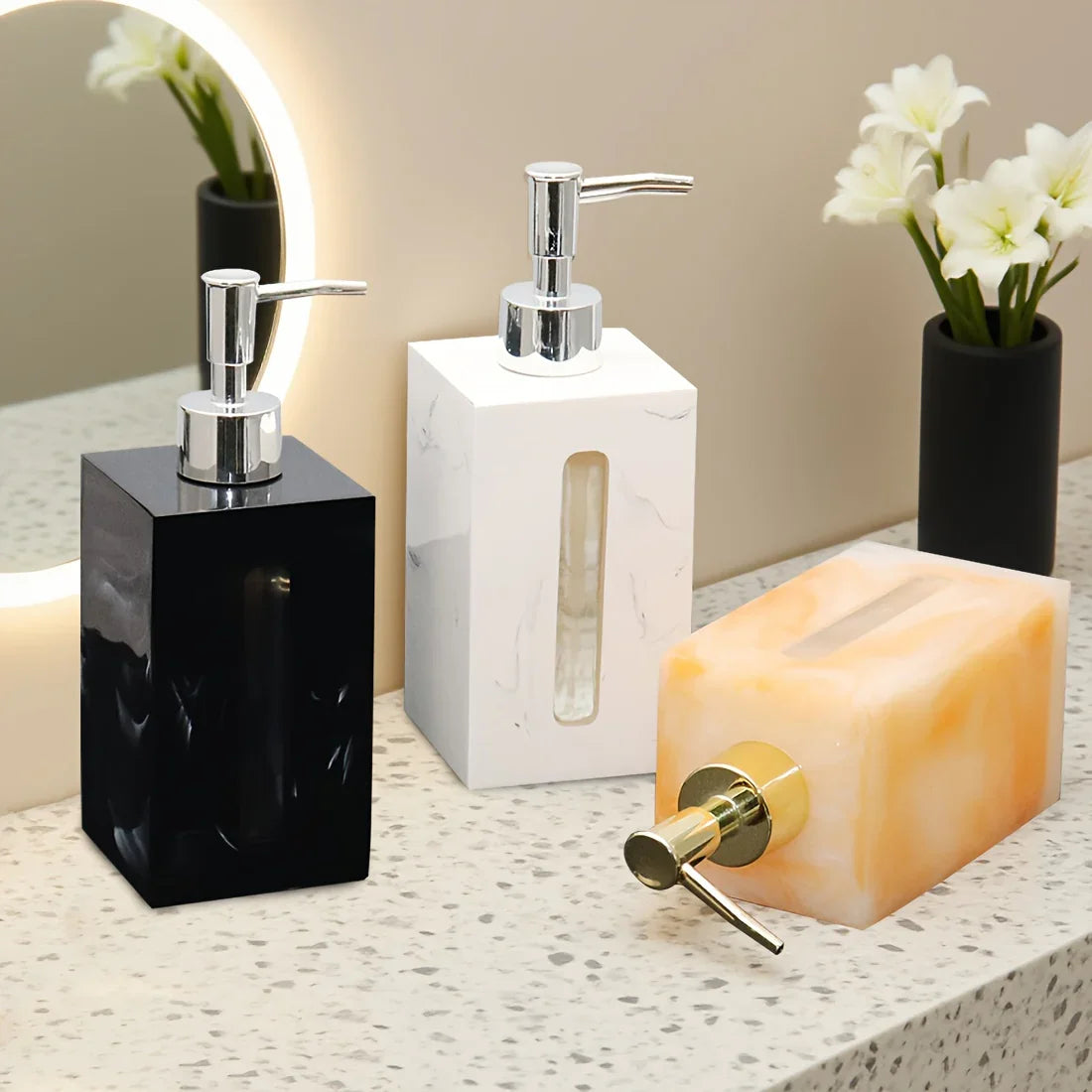 Resin Soap Dispenser, Freestanding Countertop Lotion Pump Bottle, Visible Capacity Liquid Hand Soap Dispenser, No Electricity Needed, for Bathroom, Kitchen, Laundry Room, Shampoo, Body Wash, Lotion