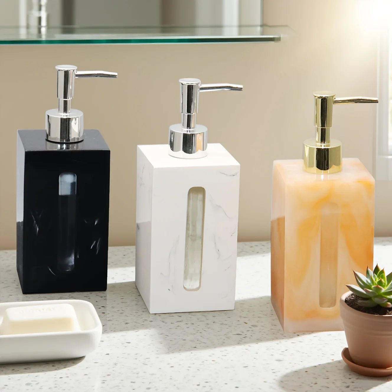 Resin Soap Dispenser, Freestanding Countertop Lotion Pump Bottle, Visible Capacity Liquid Hand Soap Dispenser, No Electricity Needed, for Bathroom, Kitchen, Laundry Room, Shampoo, Body Wash, Lotion