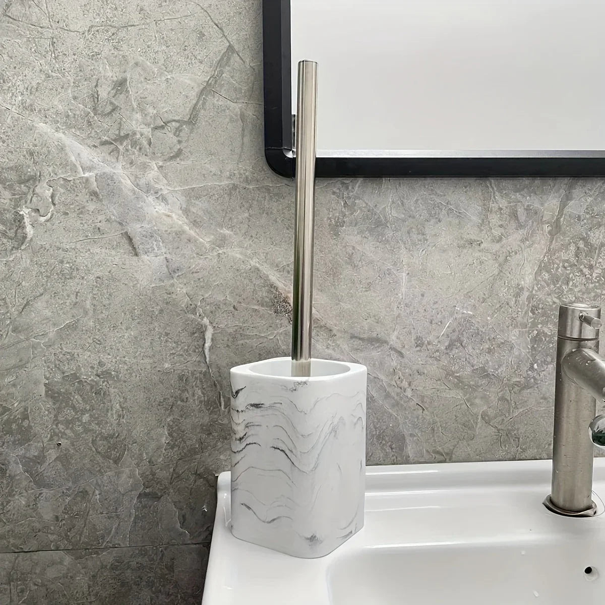 Resin White Marble Toilet Brush Holder with Handle, Reusable Floor Mount Bathroom Accessory, Hard Solid Project, No Electricity Needed - Ideal Christmas Gift