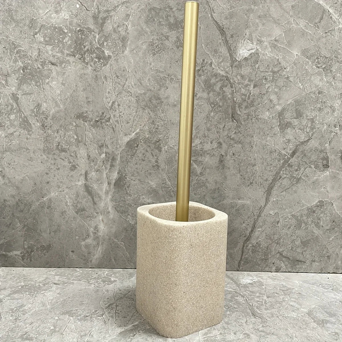 Resin White Marble Toilet Brush Holder with Handle, Reusable Floor Mount Bathroom Accessory, Hard Solid Project, No Electricity Needed - Ideal Christmas Gift