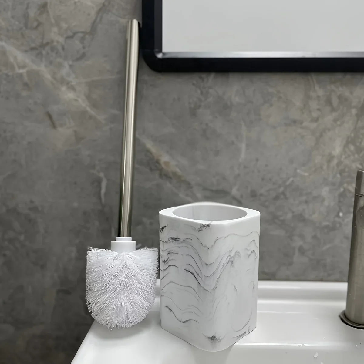 Resin White Marble Toilet Brush Holder with Handle, Reusable Floor Mount Bathroom Accessory, Hard Solid Project, No Electricity Needed - Ideal Christmas Gift