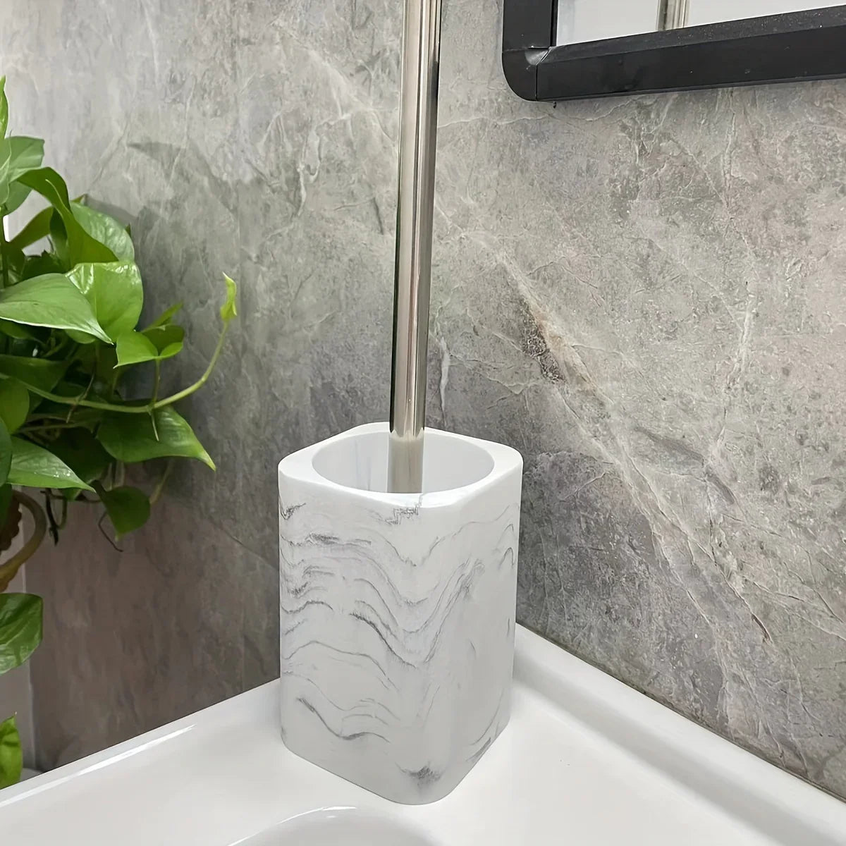 Resin White Marble Toilet Brush Holder with Handle, Reusable Floor Mount Bathroom Accessory, Hard Solid Project, No Electricity Needed - Ideal Christmas Gift