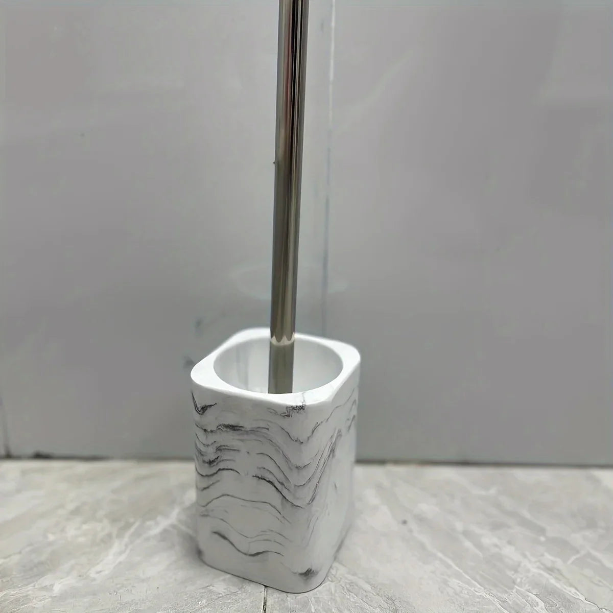Resin White Marble Toilet Brush Holder with Handle, Reusable Floor Mount Bathroom Accessory, Hard Solid Project, No Electricity Needed - Ideal Christmas Gift