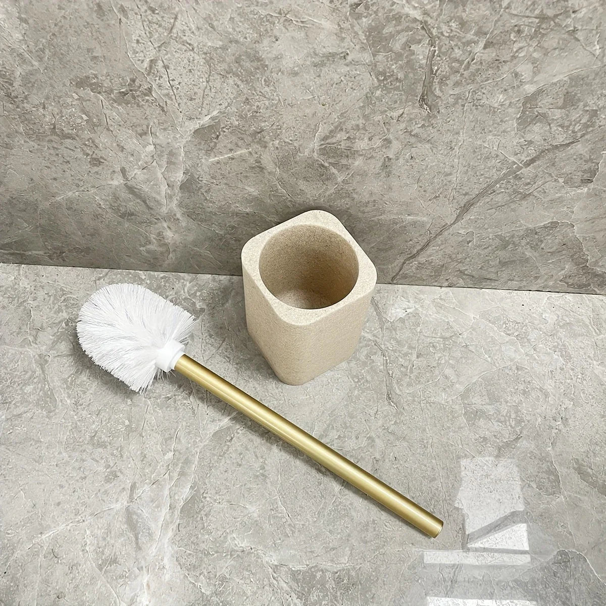 Resin White Marble Toilet Brush Holder with Handle, Reusable Floor Mount Bathroom Accessory, Hard Solid Project, No Electricity Needed - Ideal Christmas Gift