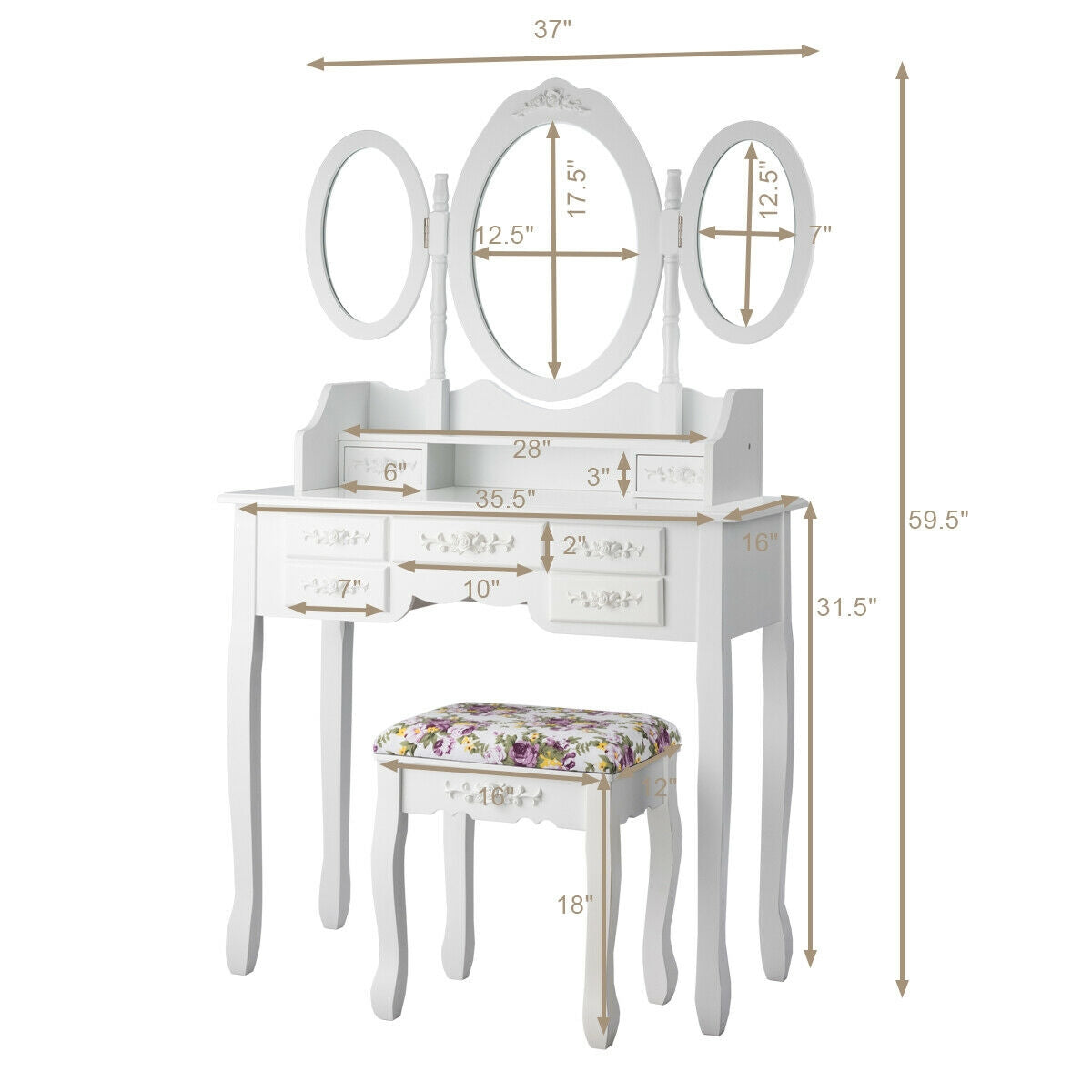 7 Drawer Tri-Folding Mirror Dressing Vanity Makeup Set