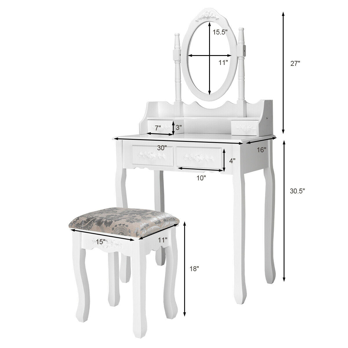 Vanity Table Set with Oval Mirror and 4 Drawers-White