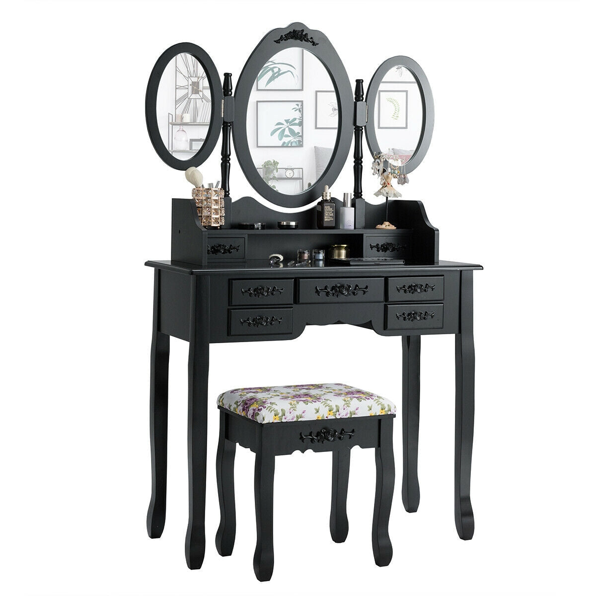7 Drawer Tri-Folding Mirror Dressing Vanity Makeup Set