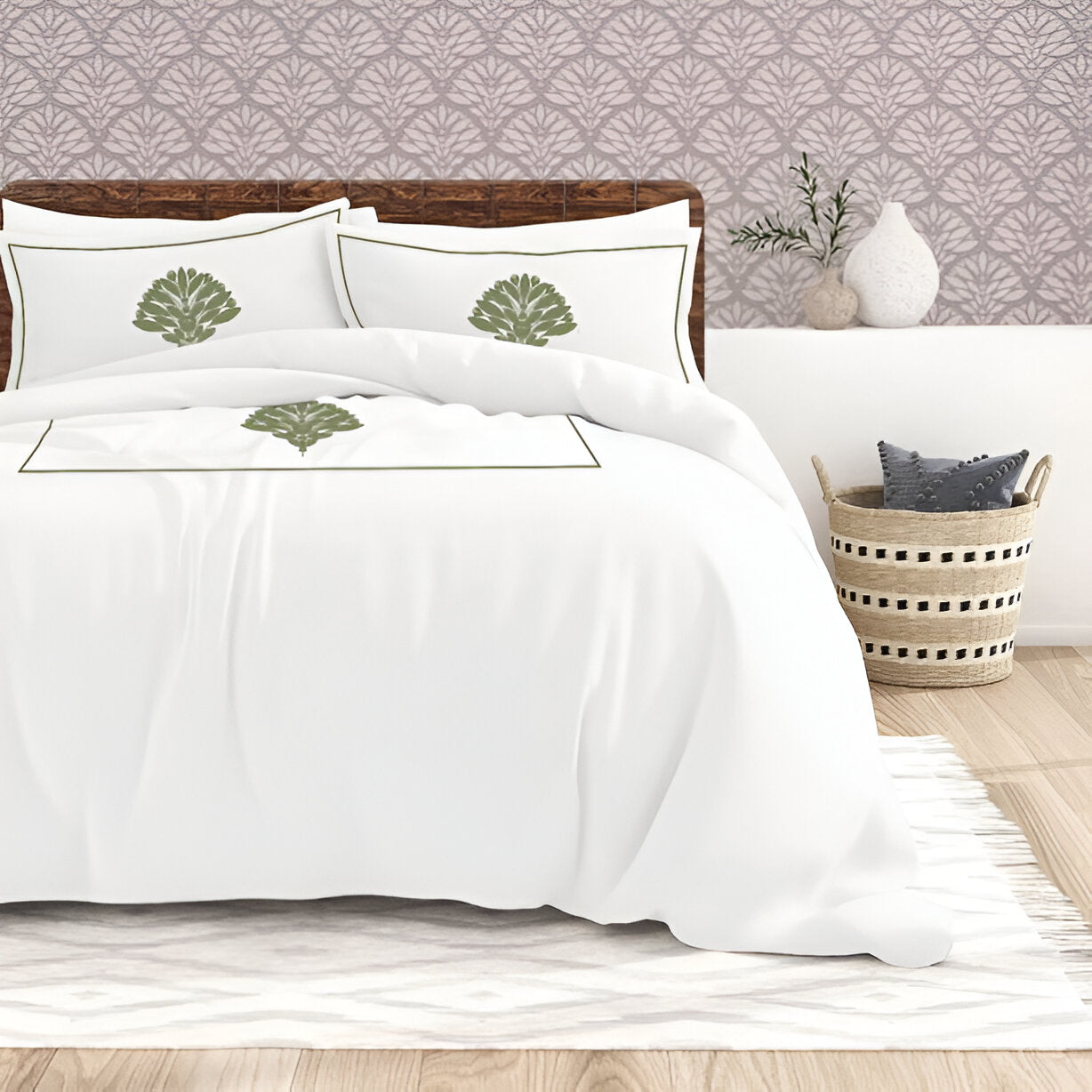 Leafy Embroidered Cotton Sateen Duvet Cover Set