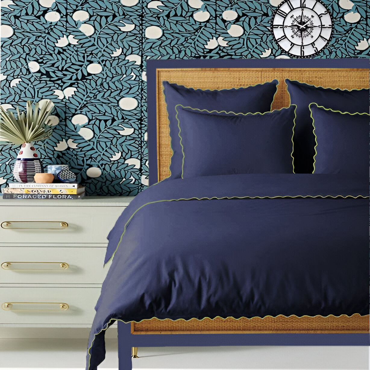 Navy 400TC Cotton Small Scallop Embroidery Duvet Cover Set