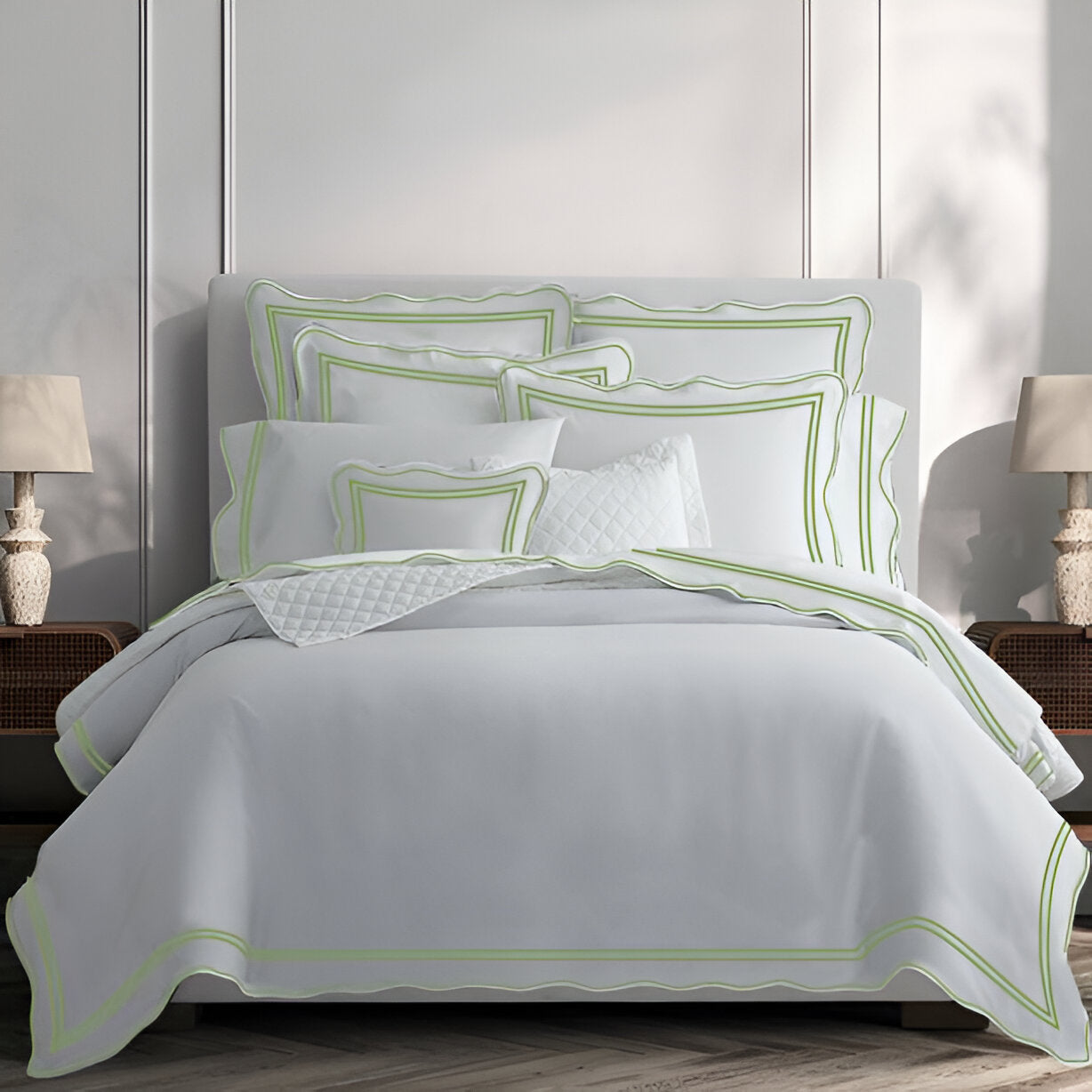 400TC Wavy Embroidery & Border Cotton Sateen Solid Duvet Cover Set