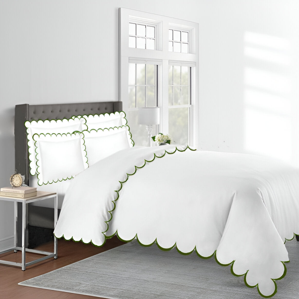 Allena 400TC Cotton Scallop Embroidery Sateen Solid Duvet Cover Set