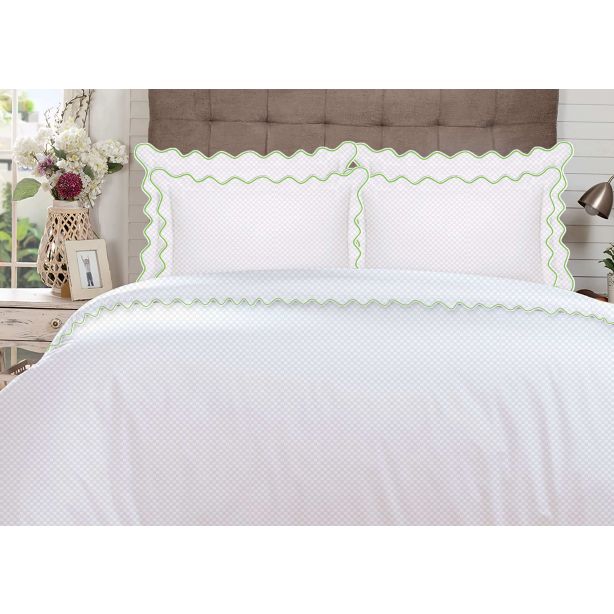 400TC Cotton Scallop Embroidery Sateen Microcheck Duvet Cover Set