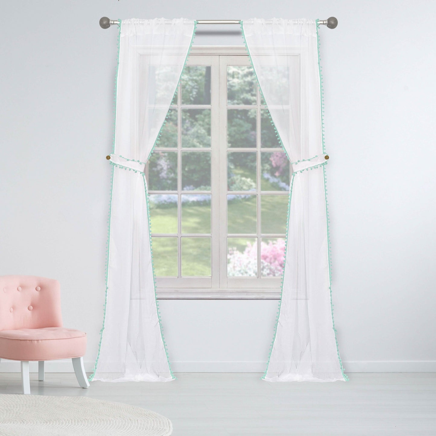 Set of 2: Pompom Semi-Sheer Window Curtain Pair Panel