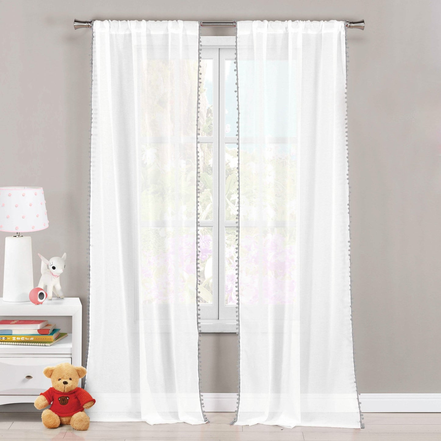Set of 2: Pompom Semi-Sheer Window Curtain Pair Panel