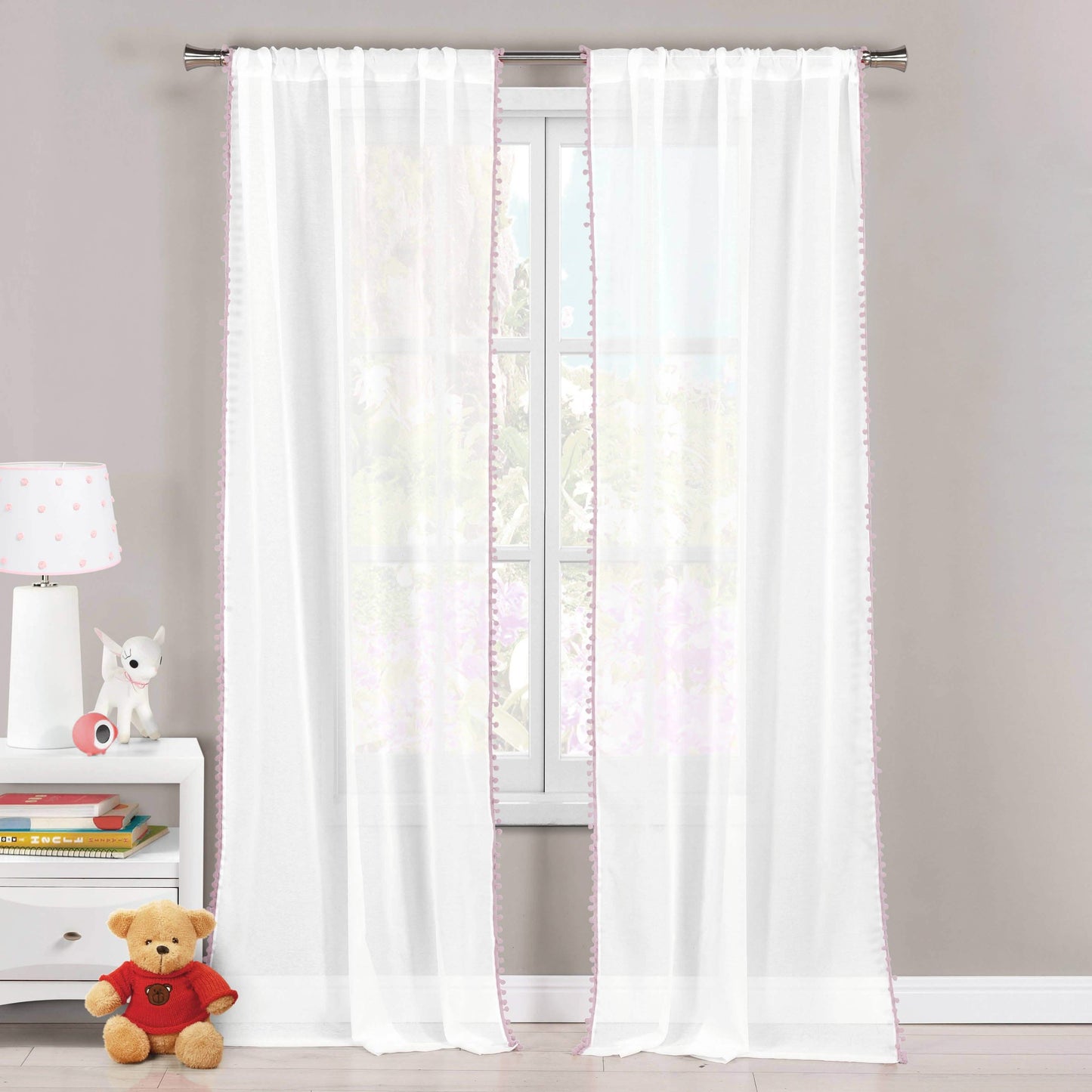 Set of 2: Pompom Semi-Sheer Window Curtain Pair Panel