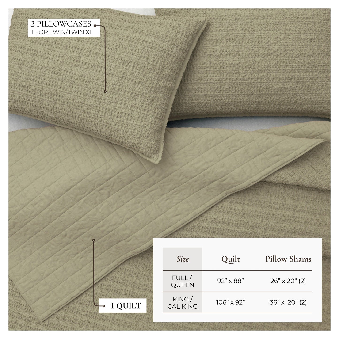 100% Cotton Honeycomb Waffle Garment Washed Quilt Set - Genevieve Collection