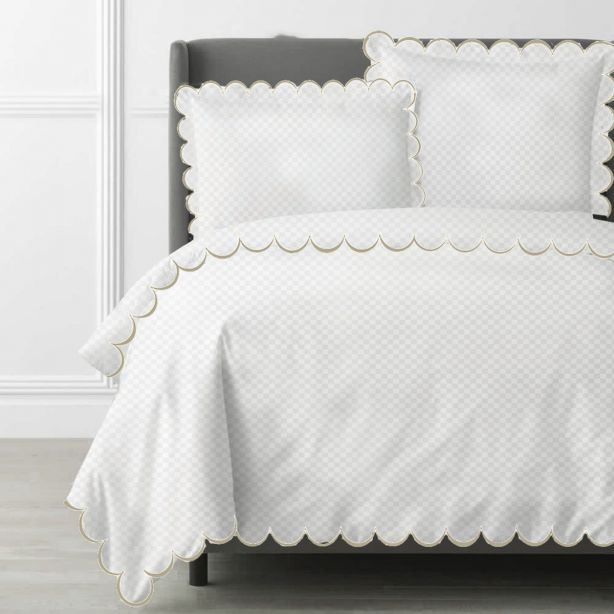 Allena 400TC Cotton Scallop Embroidery Sateen Microcheck Duvet Cover Set