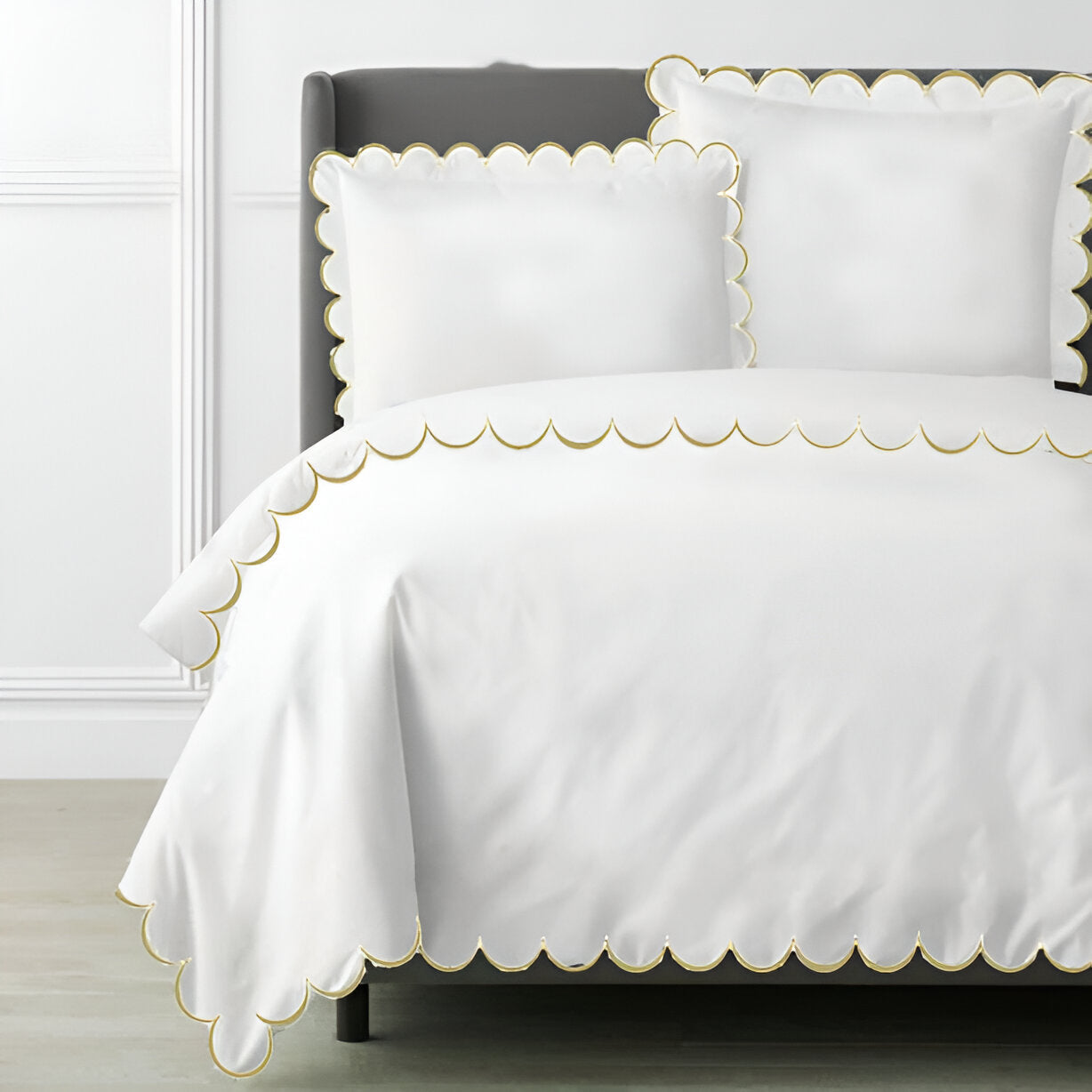 Allena 400TC Cotton Scallop Embroidery Sateen Solid Duvet Cover Set