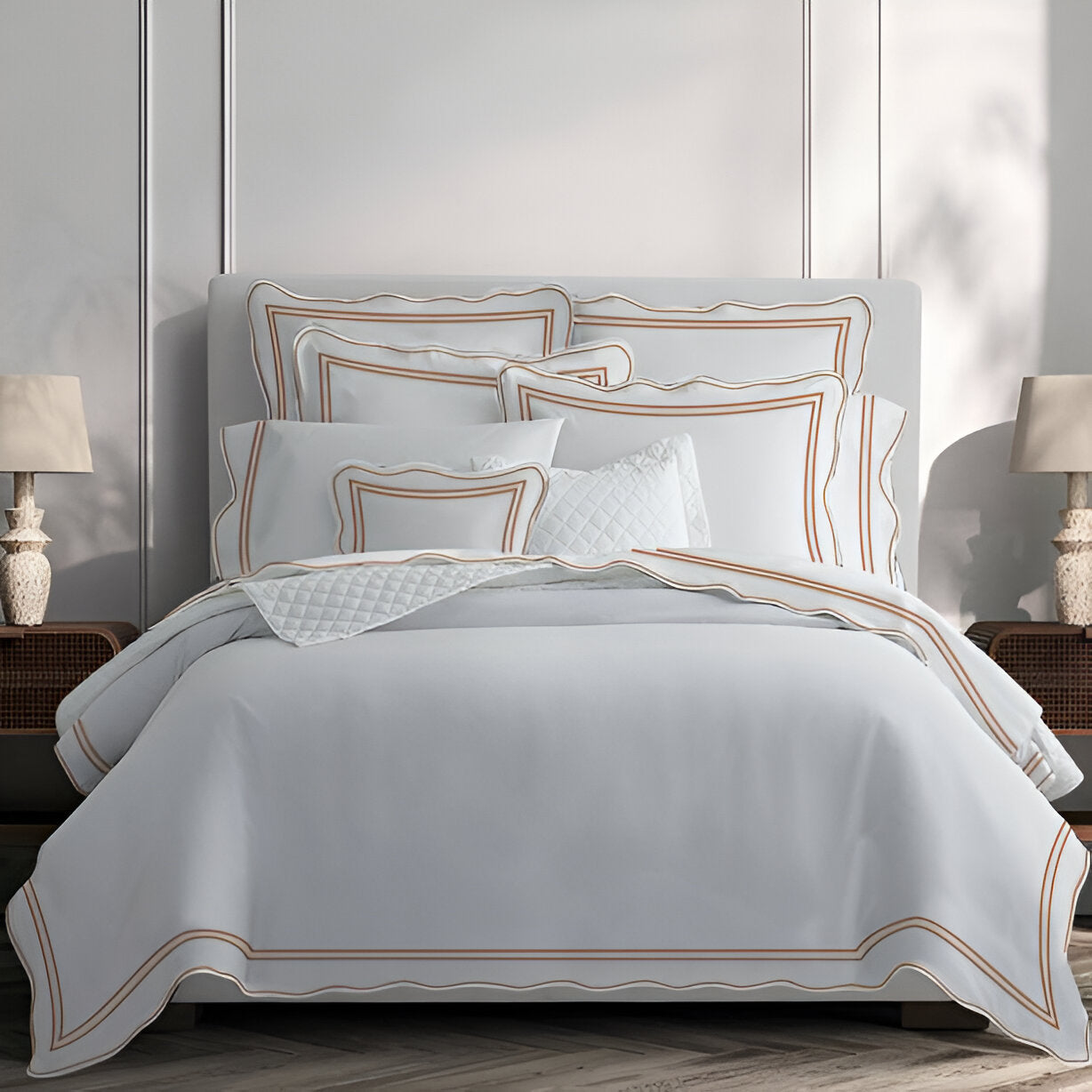 400TC Wavy Embroidery & Border Cotton Sateen Solid Duvet Cover Set
