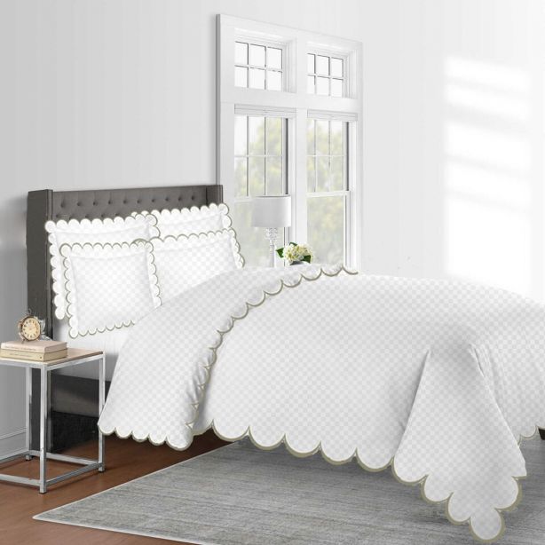 Allena 400TC Cotton Scallop Embroidery Sateen Microcheck Duvet Cover Set