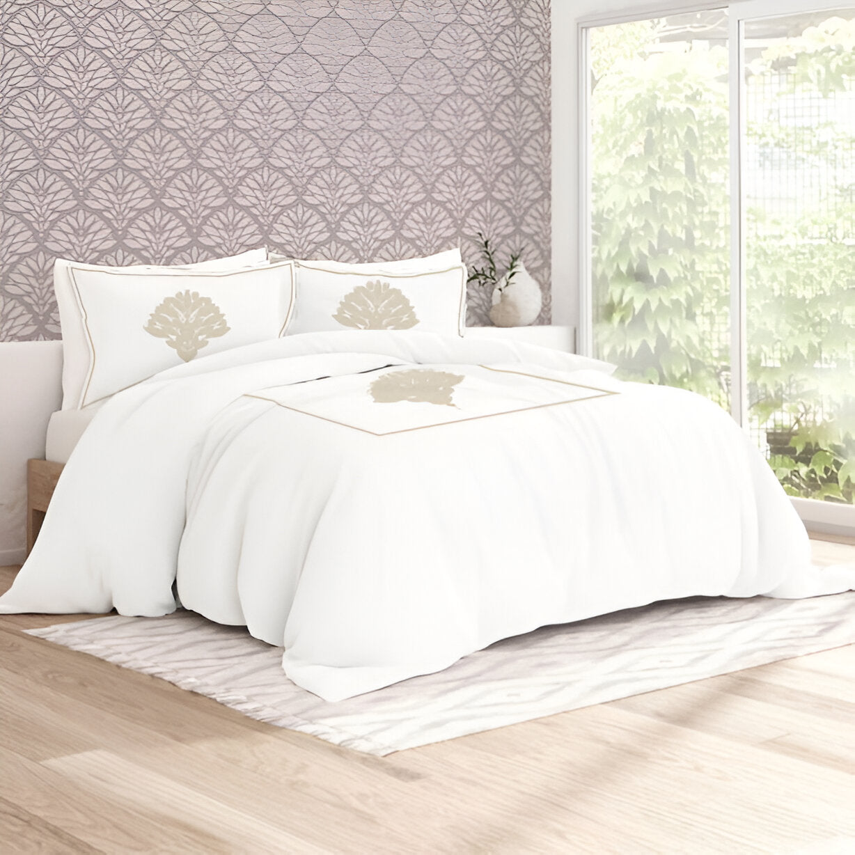 Leafy Embroidered Cotton Sateen Duvet Cover Set