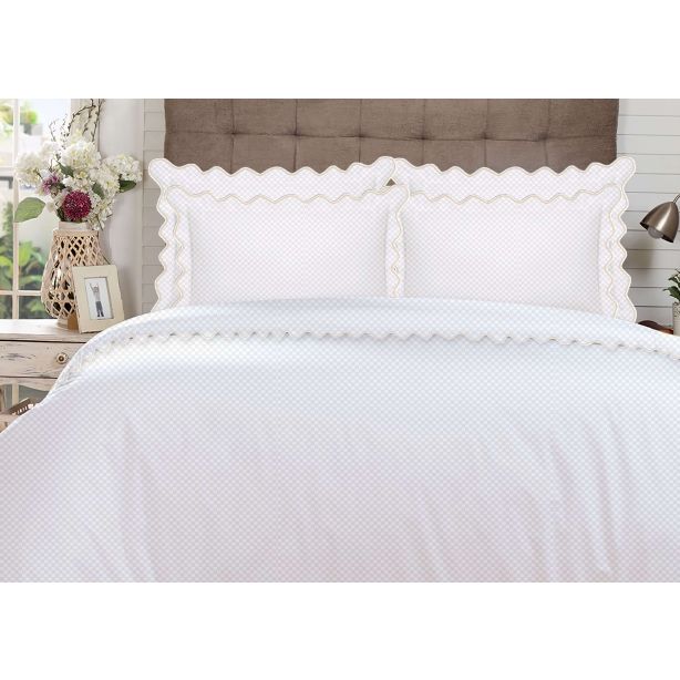 400TC Cotton Scallop Embroidery Sateen Microcheck Duvet Cover Set