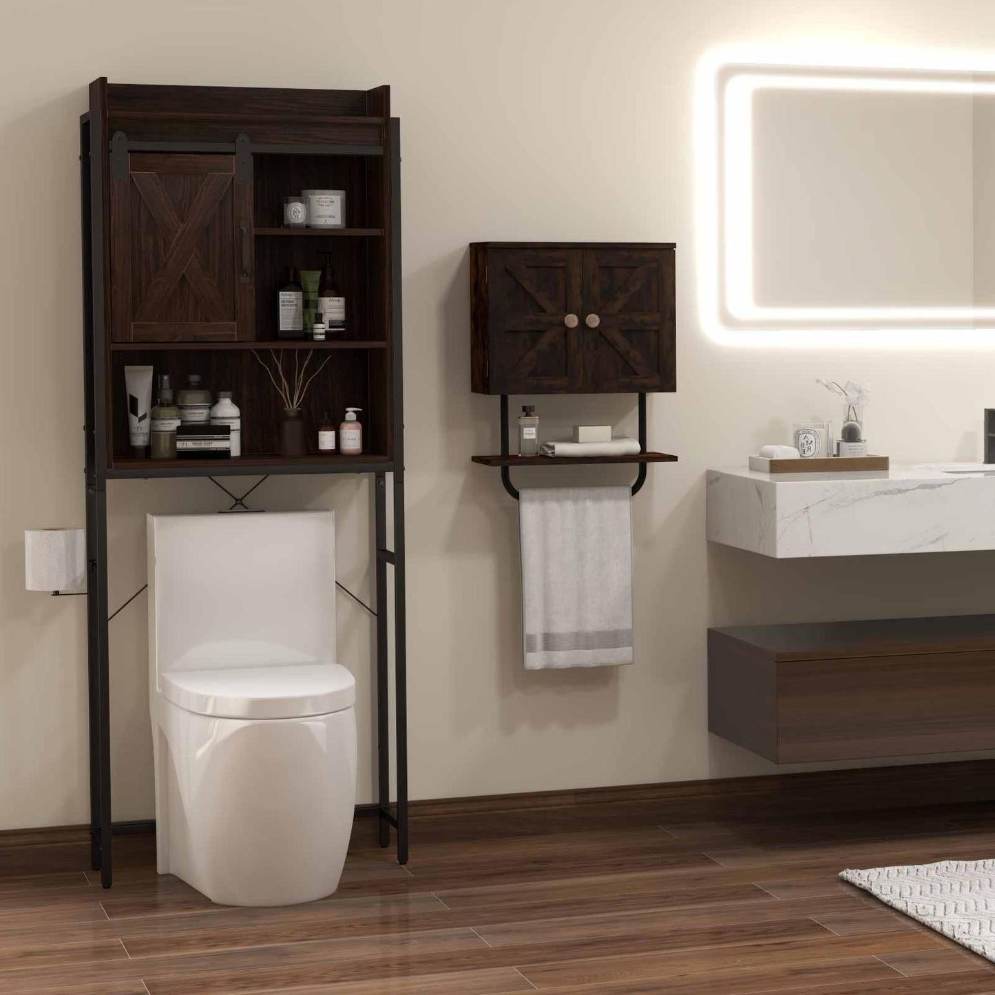 2-Piece Bathroom Storage Bundle: Over-the-Toilet Cabinet + Tall Corner Shelf