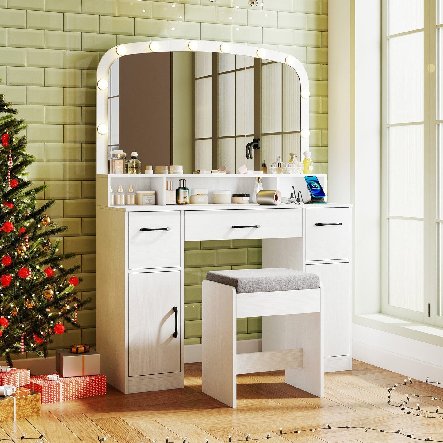 Vanity Desk Makeup Table with Stool 3-Color Lights and Charging Station