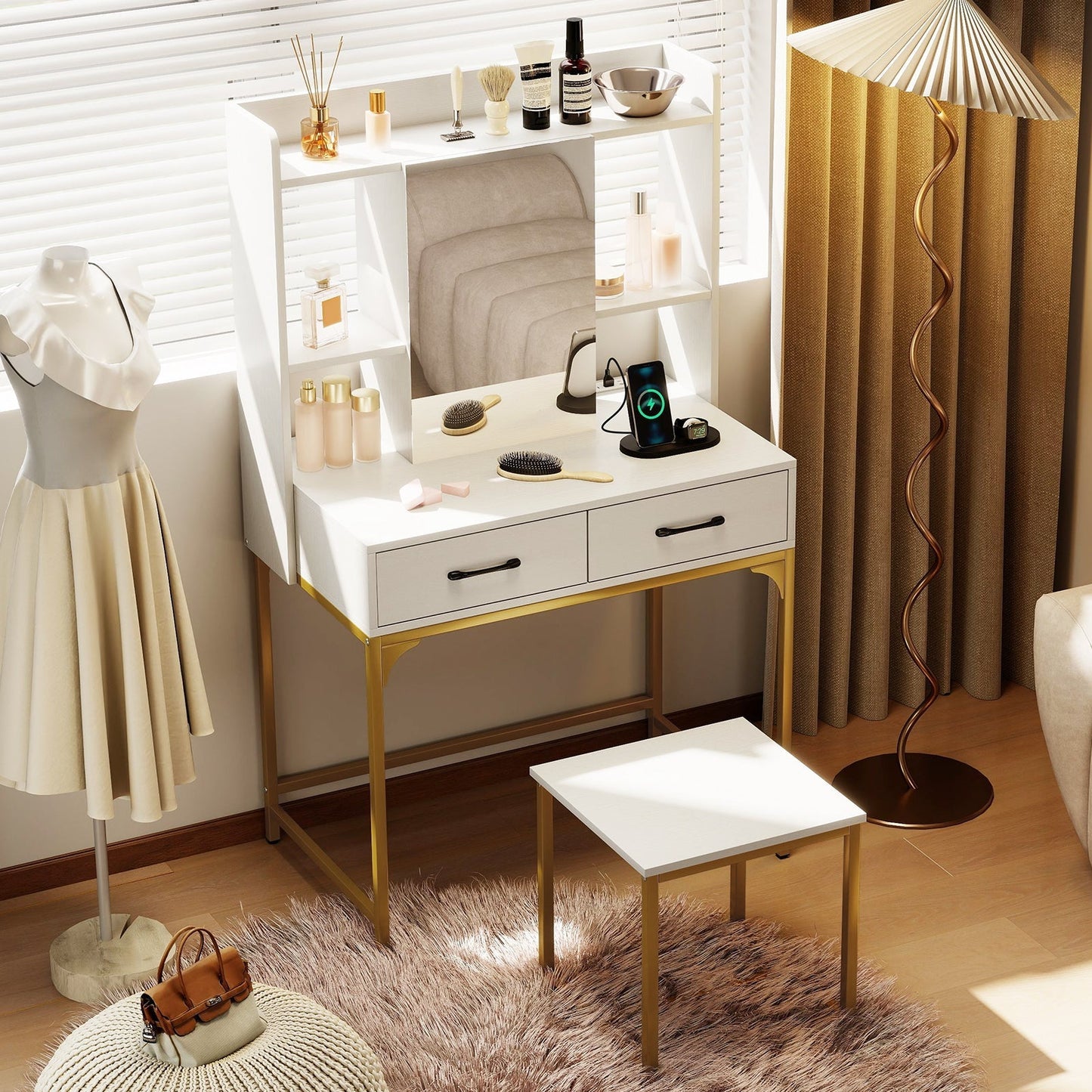 Vanity Desk with Storage Drawers and Charging Station