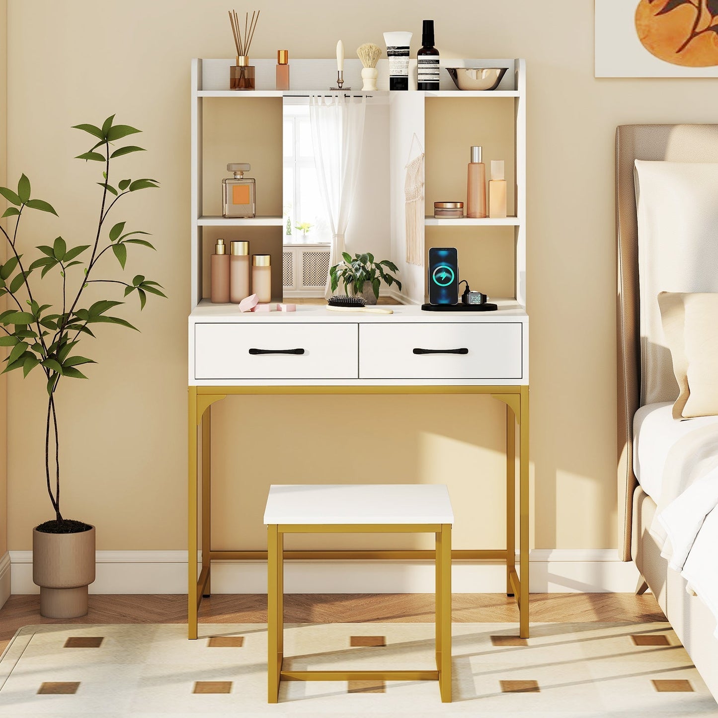 Vanity Desk with Storage Drawers and Charging Station