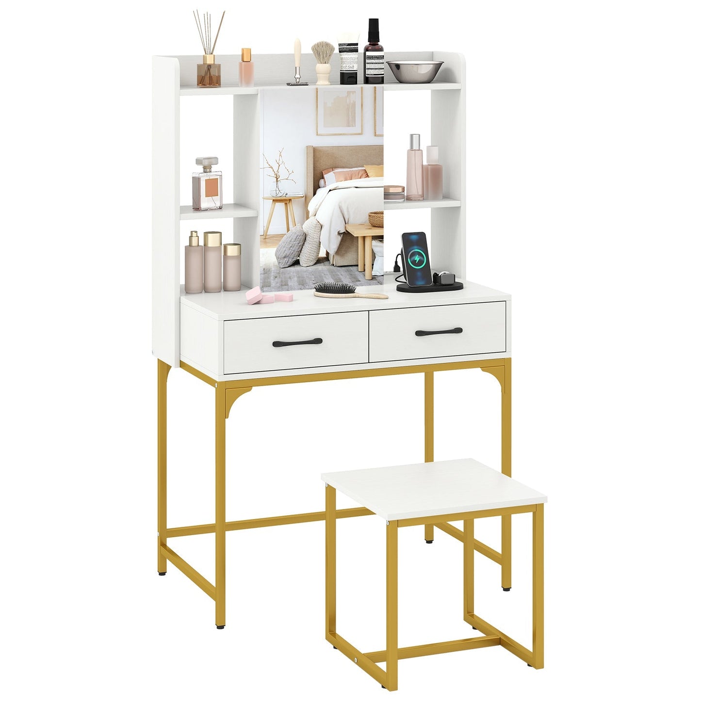 Vanity Desk with Storage Drawers and Charging Station
