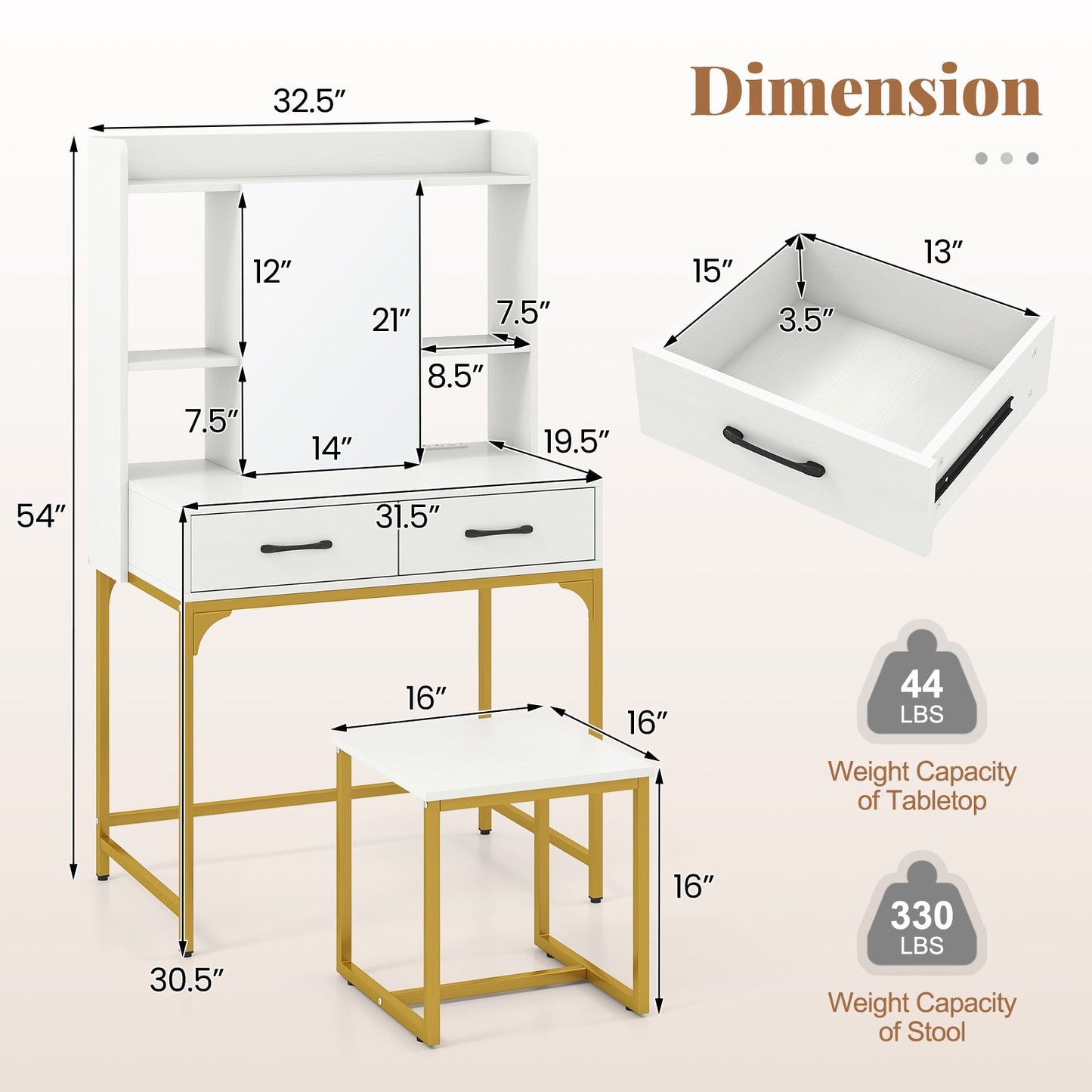 Vanity Desk with Storage Drawers and Charging Station